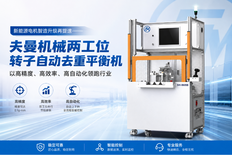新能源电机智造升级再提速——夫曼机械两工位转子自动去重平衡机以高精度、高效率、高自动化领跑行业